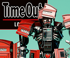 time out london front cover featuring a red transformer robot standing in front of two british red telephone boxes