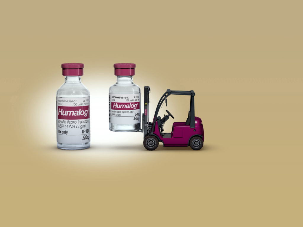 Humalog medical bottle being lifted up by a fork lift truck