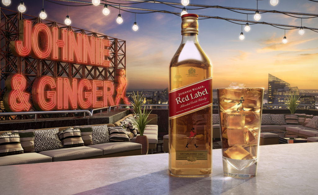 cgi johnnie walker bottle and glass with a cityscape background