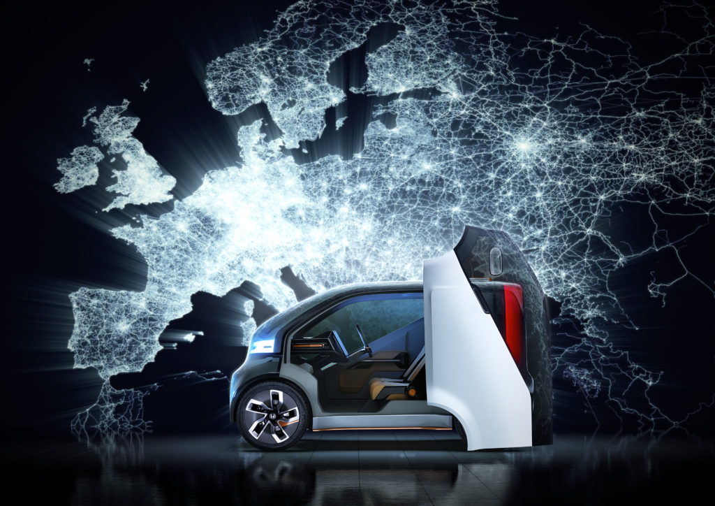 Honda neu-v car in front of CGI environment of a glowing map of europe