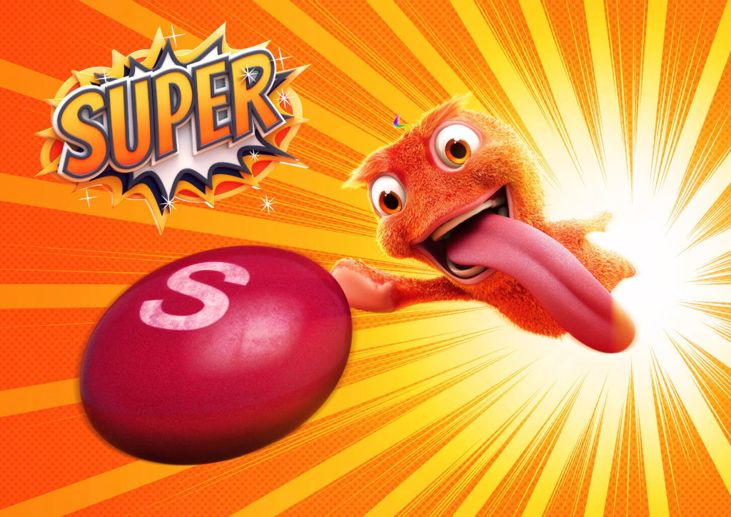 cgi red furry monster character reaching for a skittles candy on a manga background