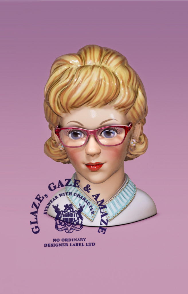 cgi creative production of ceramic painted bust of a female wearing glasses