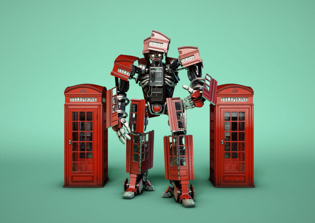 CGI Illustration of a red transformer robot standing in front of two british red telephone boxes
