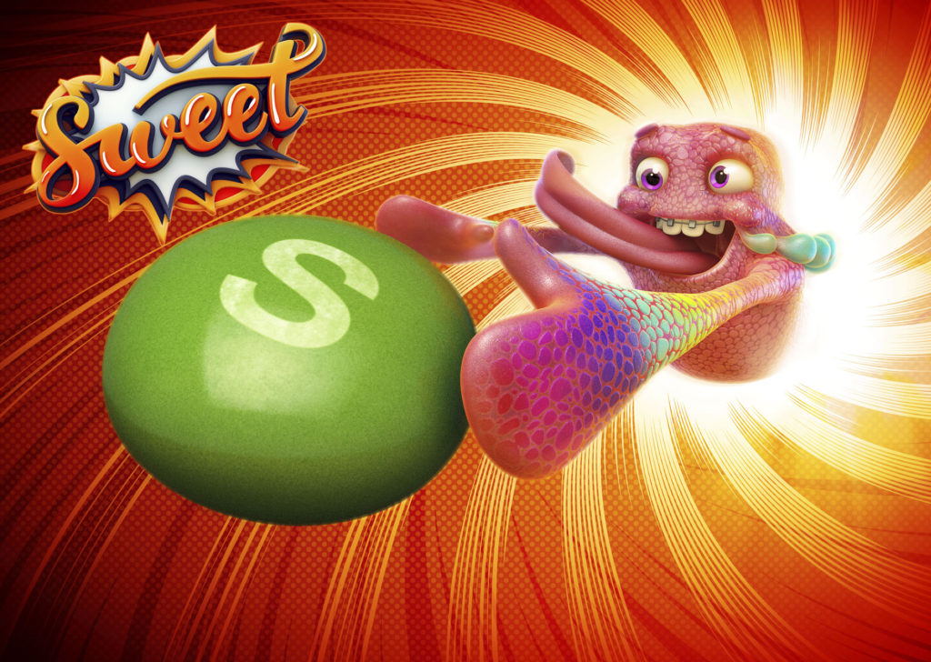 boom cgi illustration of a jelly grabbing a skittle