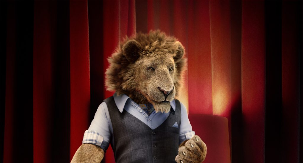 Cgi character of a lion standing in a room. Cgi Lion in suit.