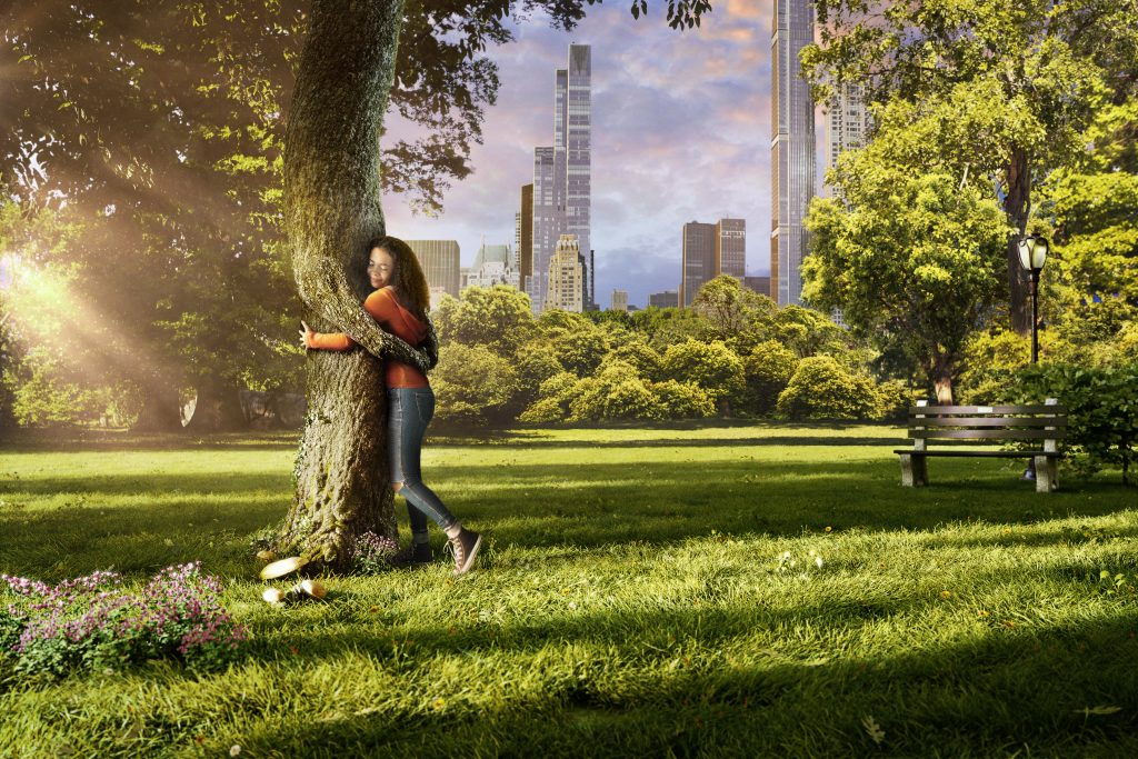 Patients and purpose. Park, mental health. Girl hugging tree. Nature, calming.